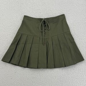 Kirious Los Angeles Mini Skirt  Women Size L Olive Green Lace Up Pleated Cotton